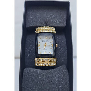 Gruen Womens Wrist Watch Black Hard Bracelet Band Gold Details White Face Quartz